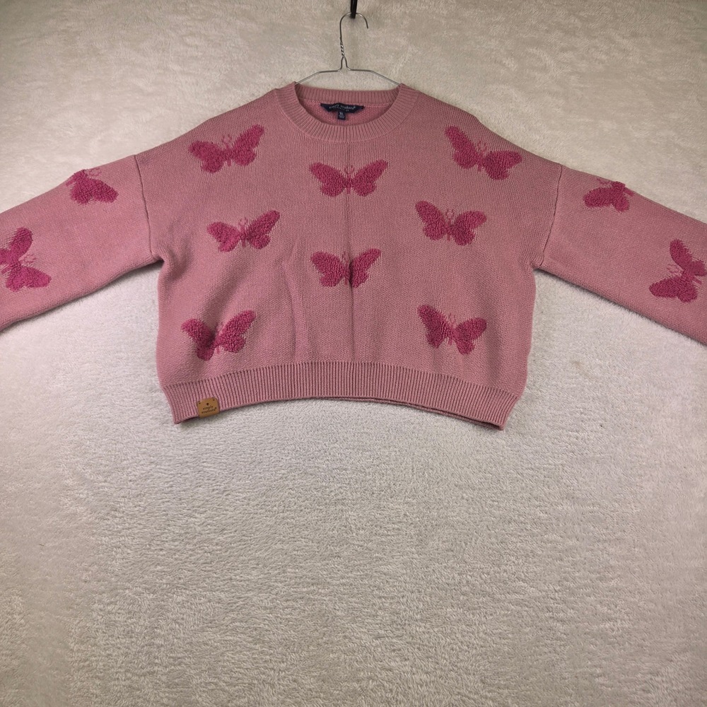 Simply Southern Pink Butterfly Knit Sweater XL Mauve Chenille Patch Pullover
